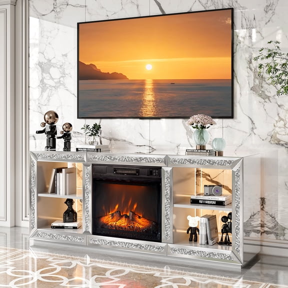 Zimtown Modern Fireplace TV Stand, Mirrored Entertainment Center with 18" Electric Heating Mantel, RGB Lighting and Open Storage Shelves, Silver