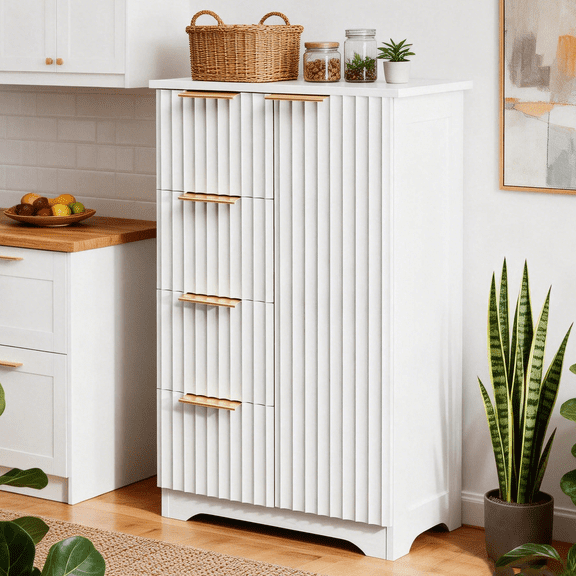 Zimtown Modern Fluted Kitchen Pantry Cabinet, 33" Sideboard Buffet Cabinet with 4 Drawers & Adjustable Shelf, Storage Cupboard for Kitchen, Dining Room, Home, White