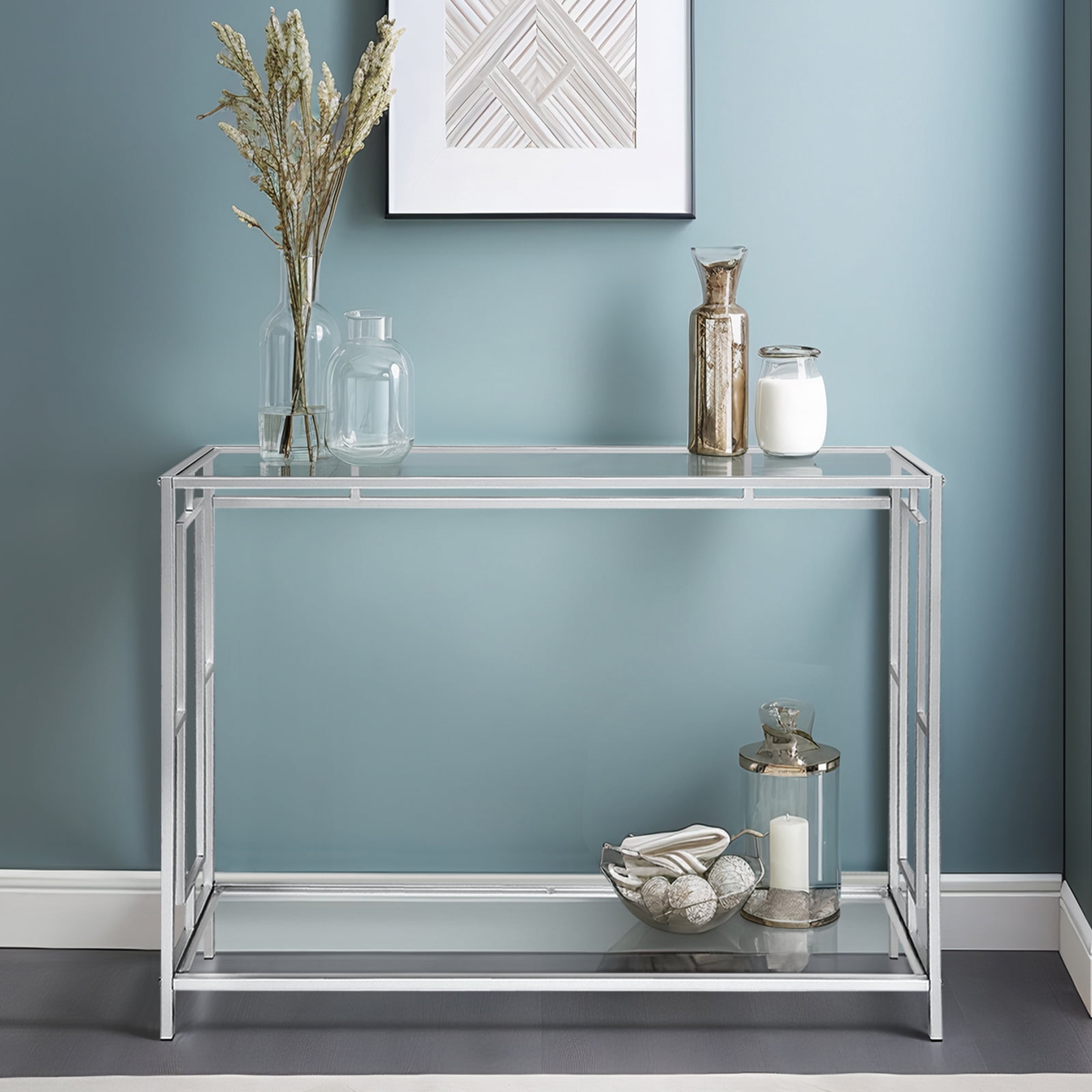 Zimtown Modern Glass Entryway Console Sofa Table with Shelves, Living Room Side Table for Hallway Bedroom Office, Sturdy Metal Frame, Square Pattern