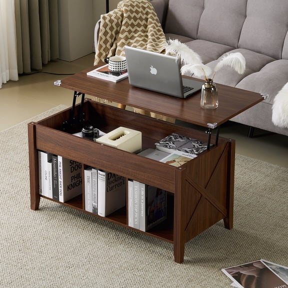 Zimtown Modern Lift-Top Coffee Table, 39.8" Rectangle Coffee Table with Lift Top & 3 Cube Storage, Brown Living Room Center Table