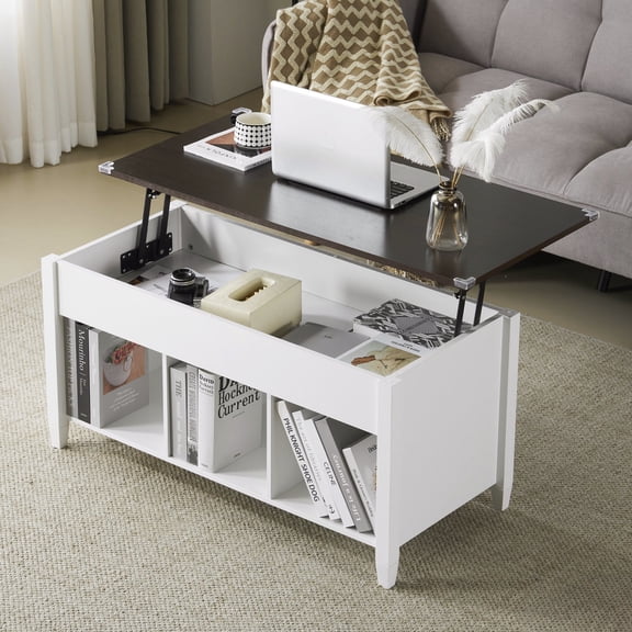 Zimtown Modern Lift-Top Coffee Table, 39.8" Rectangle Coffee Table with Lift Top & 3 Cube Storage, White & Light Brown Living Room Center Table
