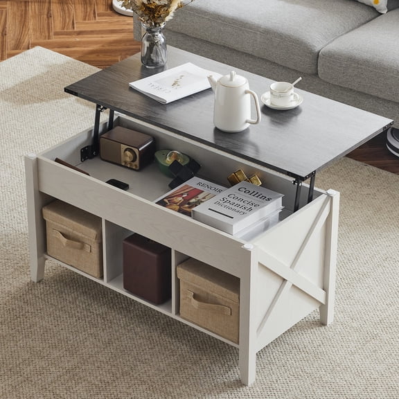 Zimtown Modern Lift-Top Coffee Table, 39.8" Rectangle Coffee Table with Lift Top & 3 Cube Storage, White & Washed Gray Living Room Center Table