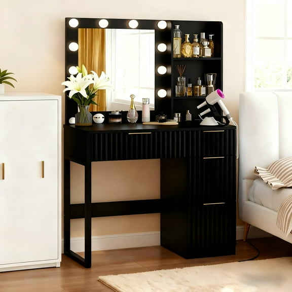 Zimtown Modern Makeup Vanity Desk with Mirror and Charging Station, Lighted Vanity Table with 4 Drawers & 3 Storage Shelves for Bedroom, Black
