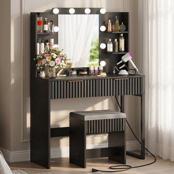 Zimtown Modern Makeup Vanity Table Set with LED Lights , Mirror and Charging Station, Dressing Desk with 2 Drawers for Bedroom, Black