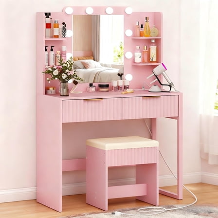Zimtown Modern Makeup Vanity Table Set with LED Lights , Mirror and Charging Station, Dressing Desk with 2 Drawers for Bedroom, Pink