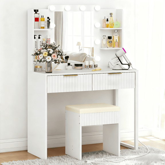 Zimtown Modern Makeup Vanity Table Set with LED Lights , Mirror and Charging Station, Dressing Desk with 2 Drawers for Bedroom, White