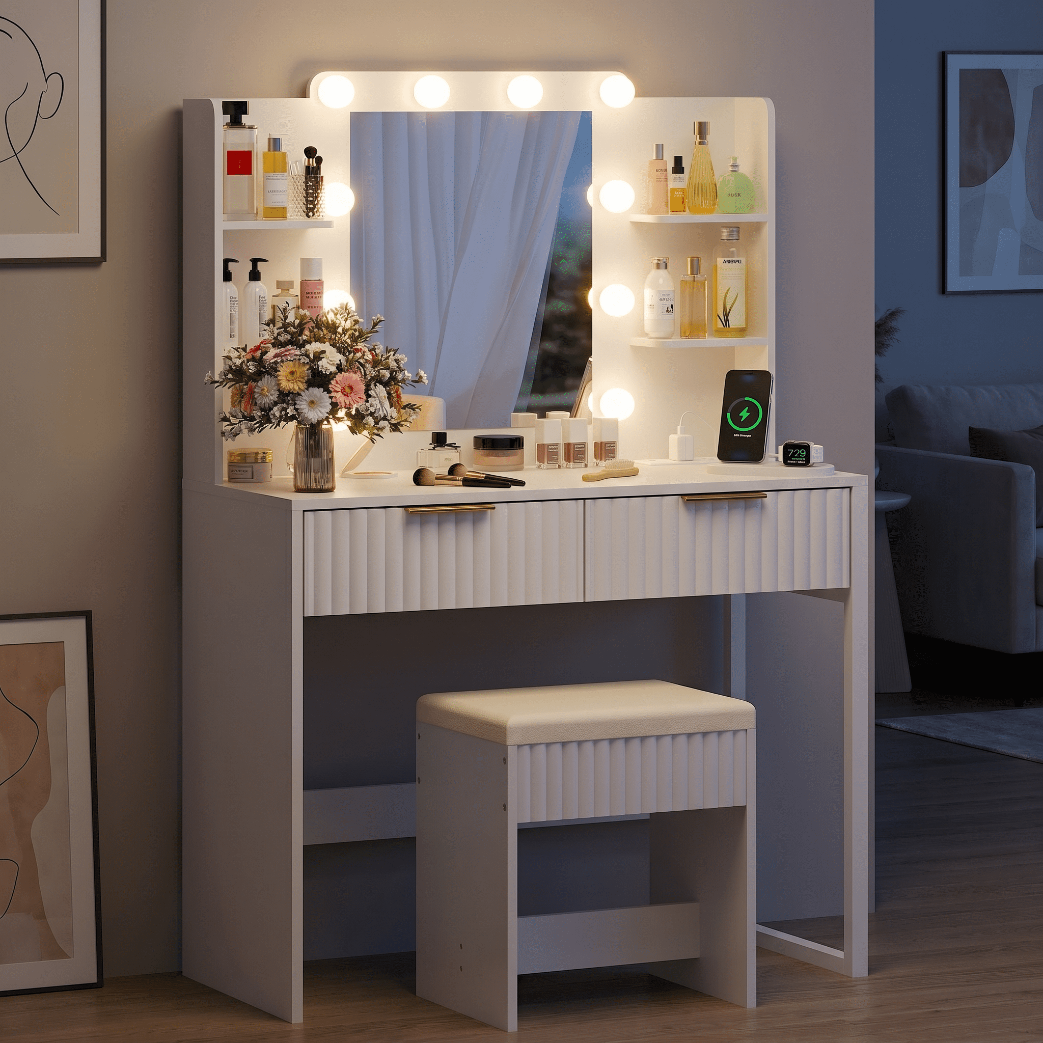 Zimtown Modern Makeup Vanity Table Set with LED Lights , Mirror and Charging Station, Dressing Desk with 2 Drawers for Bedroom, White