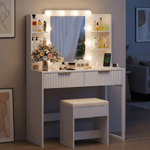 Zimtown Modern Makeup Vanity Table Set with LED Lights , Mirror and Charging Station, Dressing Desk with 2 Drawers for Bedroom, White