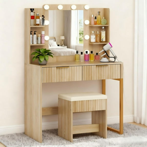 Zimtown Modern Makeup Vanity Table Set with LED Lights , Mirror and Charging Station, Dressing Desk with 2 Drawers for Bedroom, Wood Color