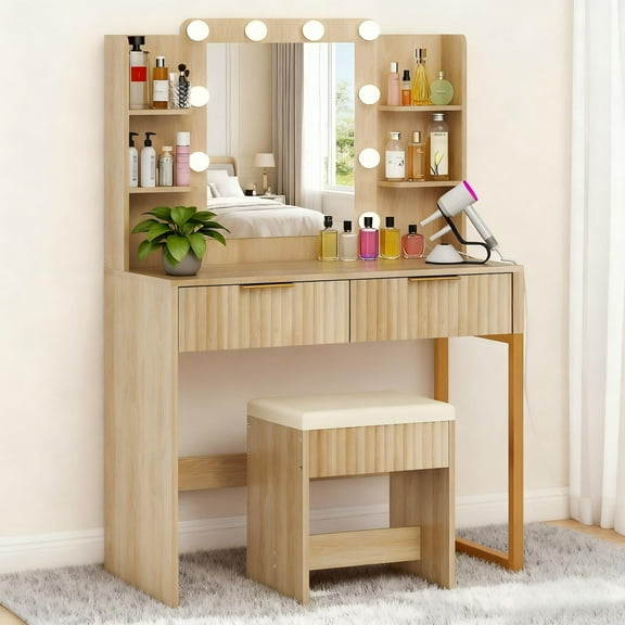 Zimtown Modern Makeup Vanity Table Set with LED Lights , Mirror and Charging Station, Dressing Desk with 2 Drawers for Bedroom, Wood Color