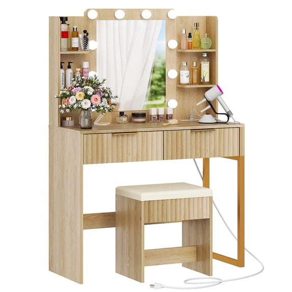 Zimtown Modern Makeup Vanity Table Set with LED Lights , Mirror and Charging Station, Dressing Desk with 2 Drawers for Bedroom, Wood Color
