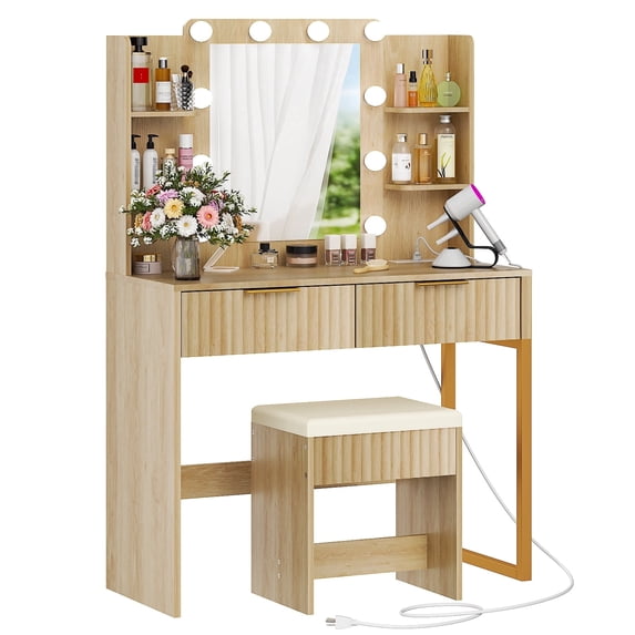Zimtown Modern Makeup Vanity Table Set with LED Lights , Mirror and Charging Station, Dressing Desk with 2 Drawers for Bedroom, Wood Color