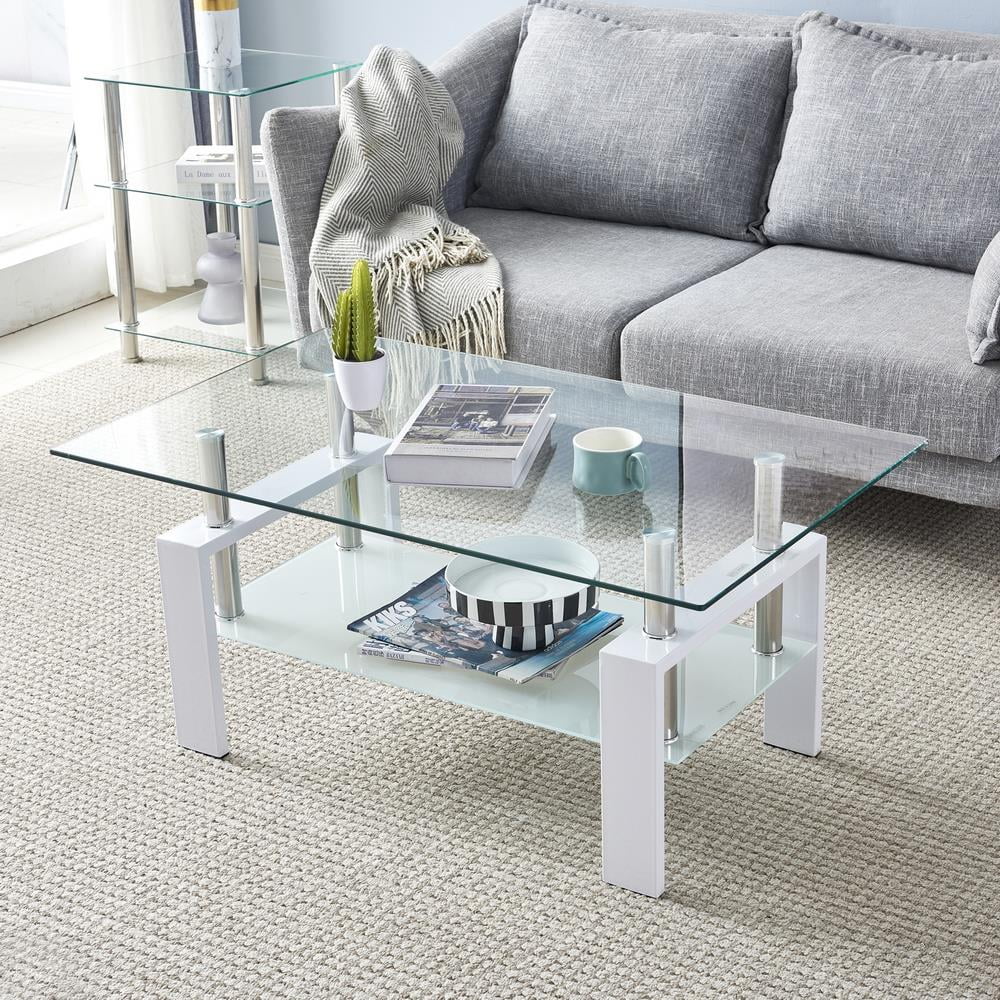 Zimtown Modern Side Coffee Table Rectangle Glass Table with Lower Shelf ...