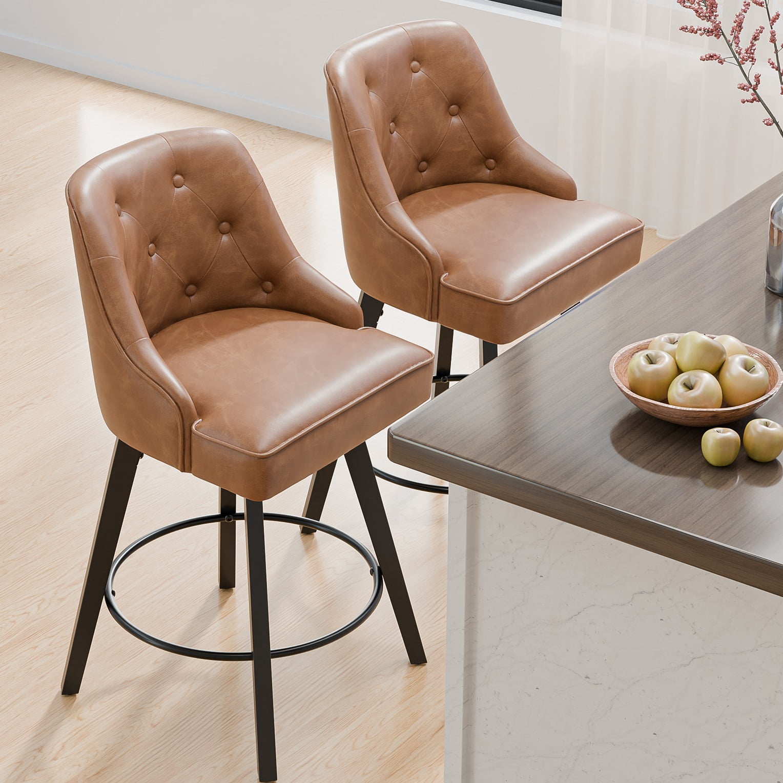 Zimtown Modern Swivel Barstools with Back, 26" Counter Height Bar Stools Kitchen Island Dining Chairs Set of 2, Coffee Brown
