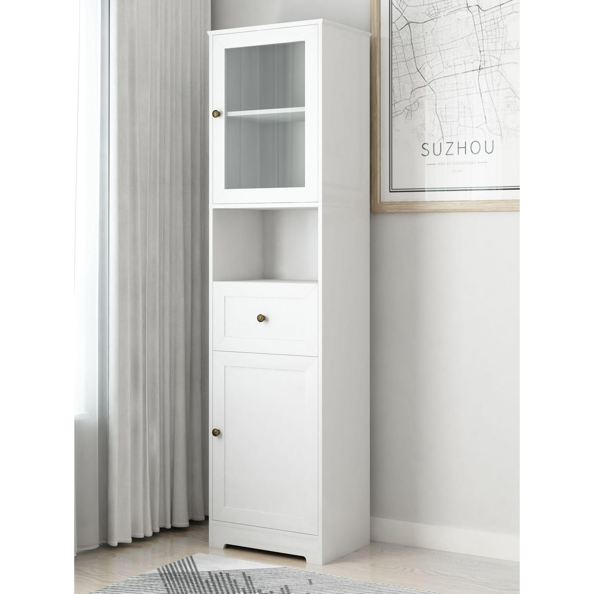 Zimtown Modern White Bathroom Storage Cabinet 71" Tall Floor Cabinet Line Tower with 5 Adjustable Shelves, Drawer & 2 Cupboard for Kitchen Living Room Bedroom Home Office