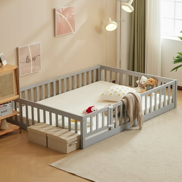Zimtown Montessori Floor Bed Frame, Full Size Kids Toddler Bed with Fence and Door, Wooden Platform Bed, Gray