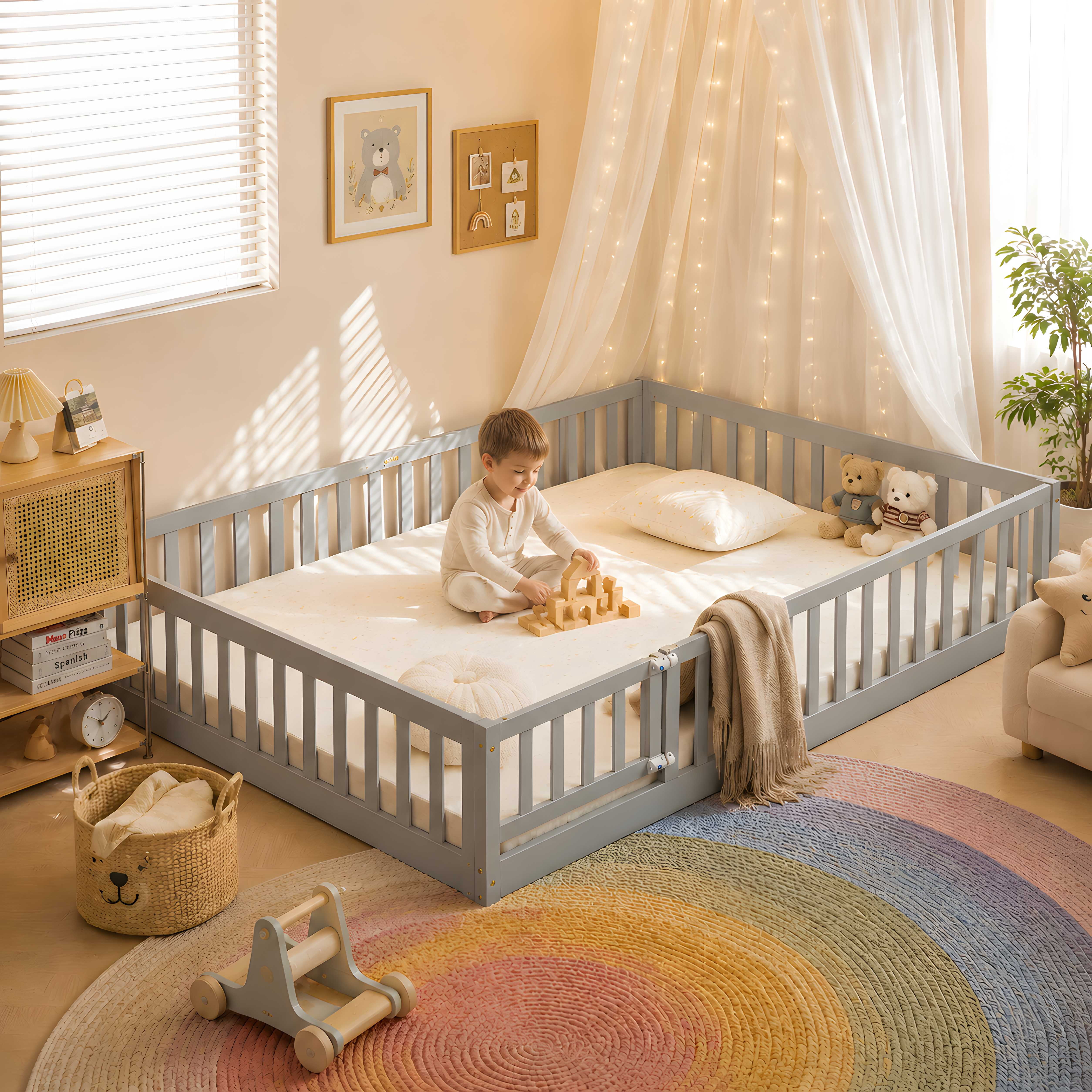 Zimtown Montessori Floor Bed Frame, Full Size Kids Toddler Bed with Fence and Door, Wooden Platform Bed, Gray