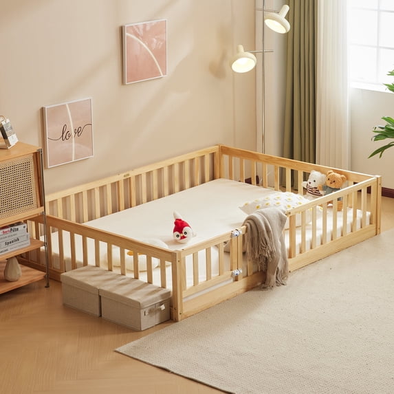Zimtown Montessori Floor Bed Frame, Full Size Kids Toddler Bed with Fence and Door, Wooden Platform Bed, Natural Color