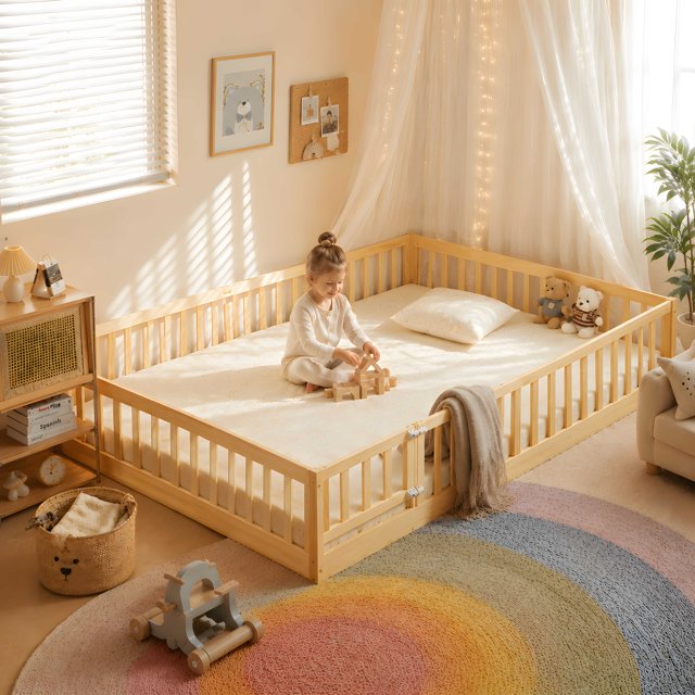 Zimtown Montessori Floor Bed Frame, Full Size Kids Toddler Bed with Fence and Door, Wooden Platform Bed, Natural Color