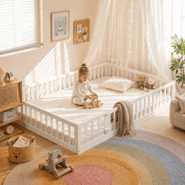 Zimtown Montessori Floor Bed Frame, Full Size Kids Toddler Bed with Fence and Door, Wooden Platform Bed, White