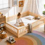 Zimtown Montessori Floor Bed Frame, Queen Size Kids Toddler Bed with Fence and Door, Wooden Platform Bed, Natural Color