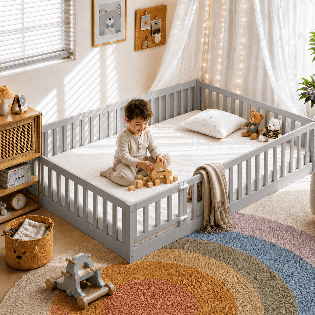 Zimtown Montessori Floor Bed Frame, Twin Size Kids Toddler Bed with Fence and Door, Wooden Platform Bed, Gray