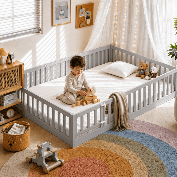 Zimtown Montessori Floor Bed Frame, Twin Size Kids Toddler Bed with Fence and Door, Wooden Platform Bed, Gray