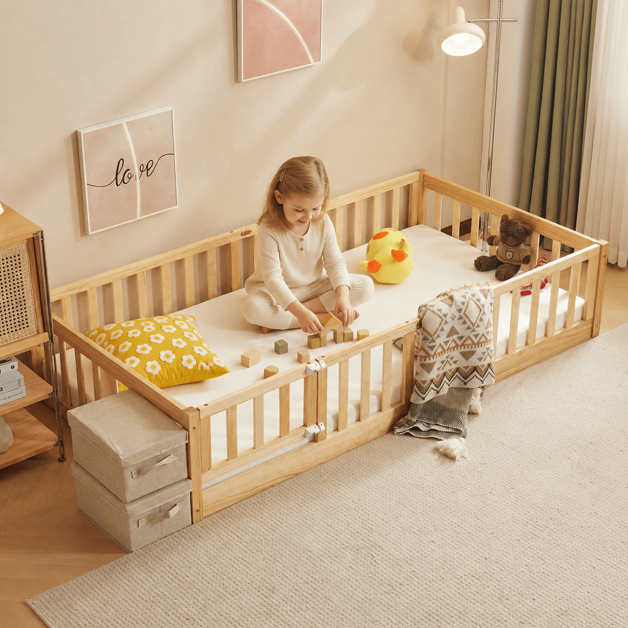 Zimtown Montessori Floor Bed Frame, Twin Size Bed with Fence and Door, Wooden Platform Bed, Natural Color