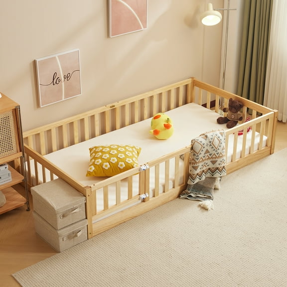 Zimtown Montessori Floor Bed Frame, Twin Size Bed with Fence and Door, Wooden Platform Bed, Natural Color