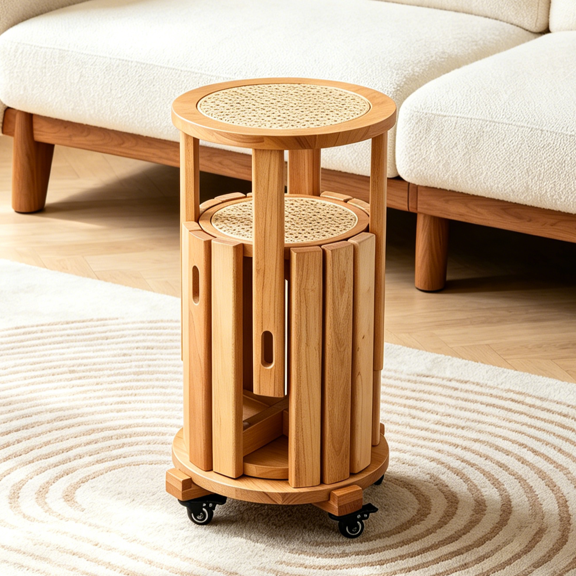 Zimtown Multifunctional Dining Stools Set of 4 with Rolling Base, Accent Dining Stools 4 Set, Boho Side Table Dining Seating with Rattan Seat, Solid Rubberwood Frame, Wood Color