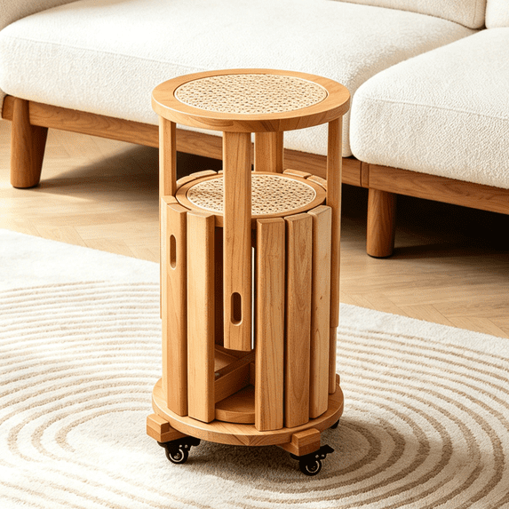 Zimtown Multifunctional Dining Stools Set of 4 with Rolling Base, Accent Dining Stools 4 Set, Boho Side Table Dining Seating with Rattan Seat, Solid Rubberwood Frame, Wood Color