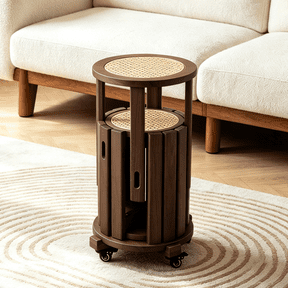 Zimtown Multifunctional Dining Stools Set of 4 with Rolling Base, Accent Dining Stools 4 Set, Boho Side Table Dining Seating with Rattan Seat, Solid Rubberwood Frame, Walnut