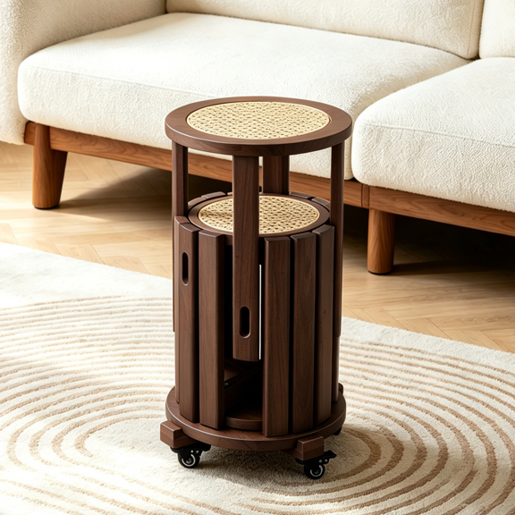 Zimtown Multifunctional Dining Stools Set of 4 with Rolling Base, Accent Dining Stools 4 Set, Boho Side Table Dining Seating with Rattan Seat, Solid Rubberwood Frame, Walnut