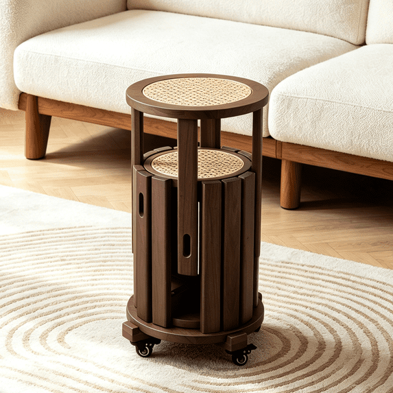 Zimtown Multifunctional Dining Stools Set of 4 with Rolling Base, Accent Dining Stools 4 Set, Boho Side Table Dining Seating with Rattan Seat, Solid Rubberwood Frame, Walnut