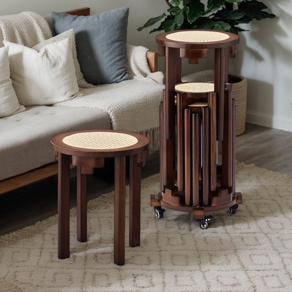 Zimtown Multifunctional Dining Stools Set of 6 with Rolling Base, Accent Dining Stools 6 Set, Boho Side Table Dining Seating with Rattan Seat, Solid Rubberwood Frame, Walnut