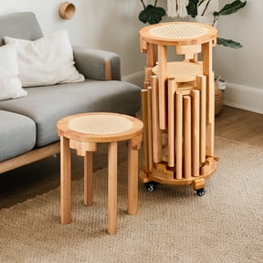 Zimtown Multifunctional Dining Stools Set of 6 with Rolling Base, Accent Dining Stools 6 Set, Boho Side Table Dining Seating with Rattan Seat, Solid Rubberwood Frame, Wood Color