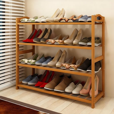 Zimtown Natural Bamboo 4 Tiers Shoe Rack Shoe Storage Organizer 12-Batten Free Standing Shoe Tower Shoe Shelf Shoe Cabinet for Entryway Hallway Living Room Closet, Wood Color