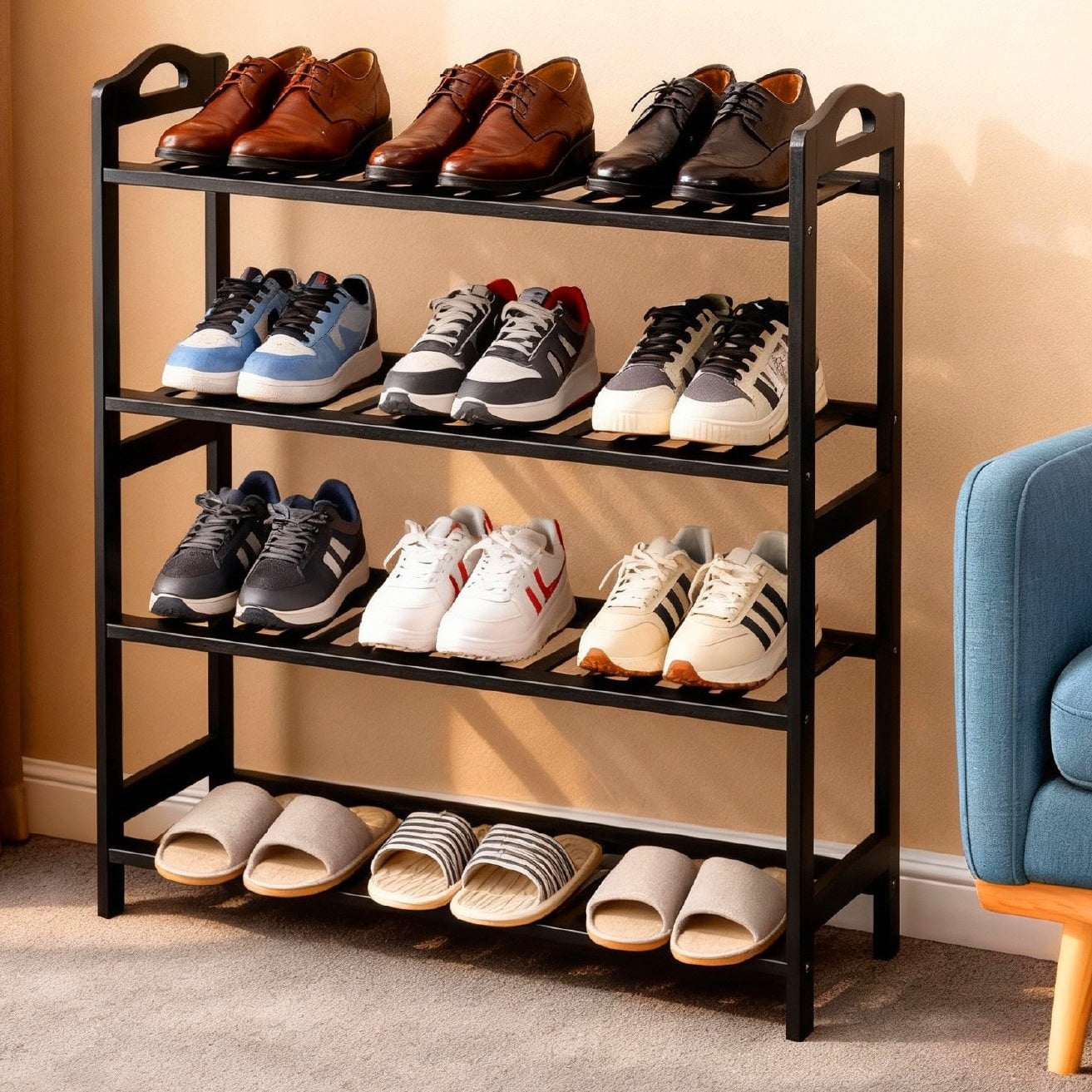 Zimtown Natural Bamboo 4 Tiers Shoe Rack Shoe Storage Organizer 12-Batten Free Standing Shoe Tower Shoe Shelf Shoe Cabinet for Entryway Hallway Living Room Closet, Black