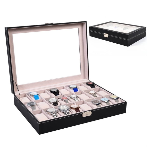 Zimtown New 24 Slot Watch Box Leather Display Case Organizer Top Glass Jewelry Storage
