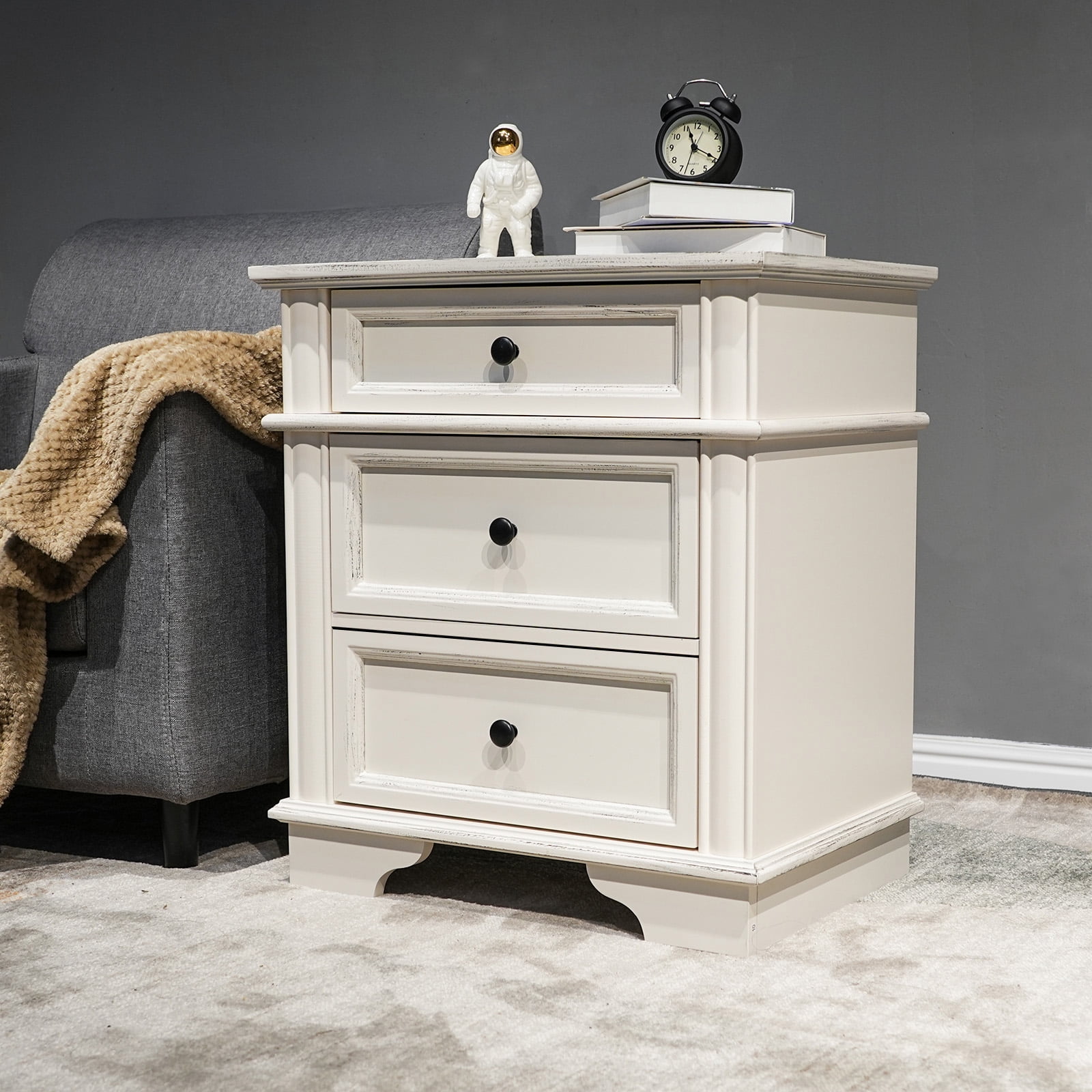 Zimtown Nightstand with Charging Station for Bedroom, Solid Wood End Side Table with 3 Drawer, Antique White