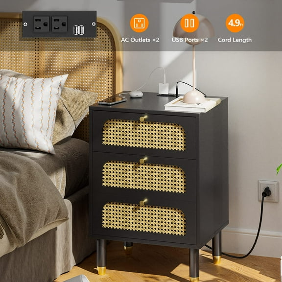 Zimtown Nightstand with Handmade Natural Rattan Drawers, Bed Side Table with Charging Station & End Table with Storage, Black