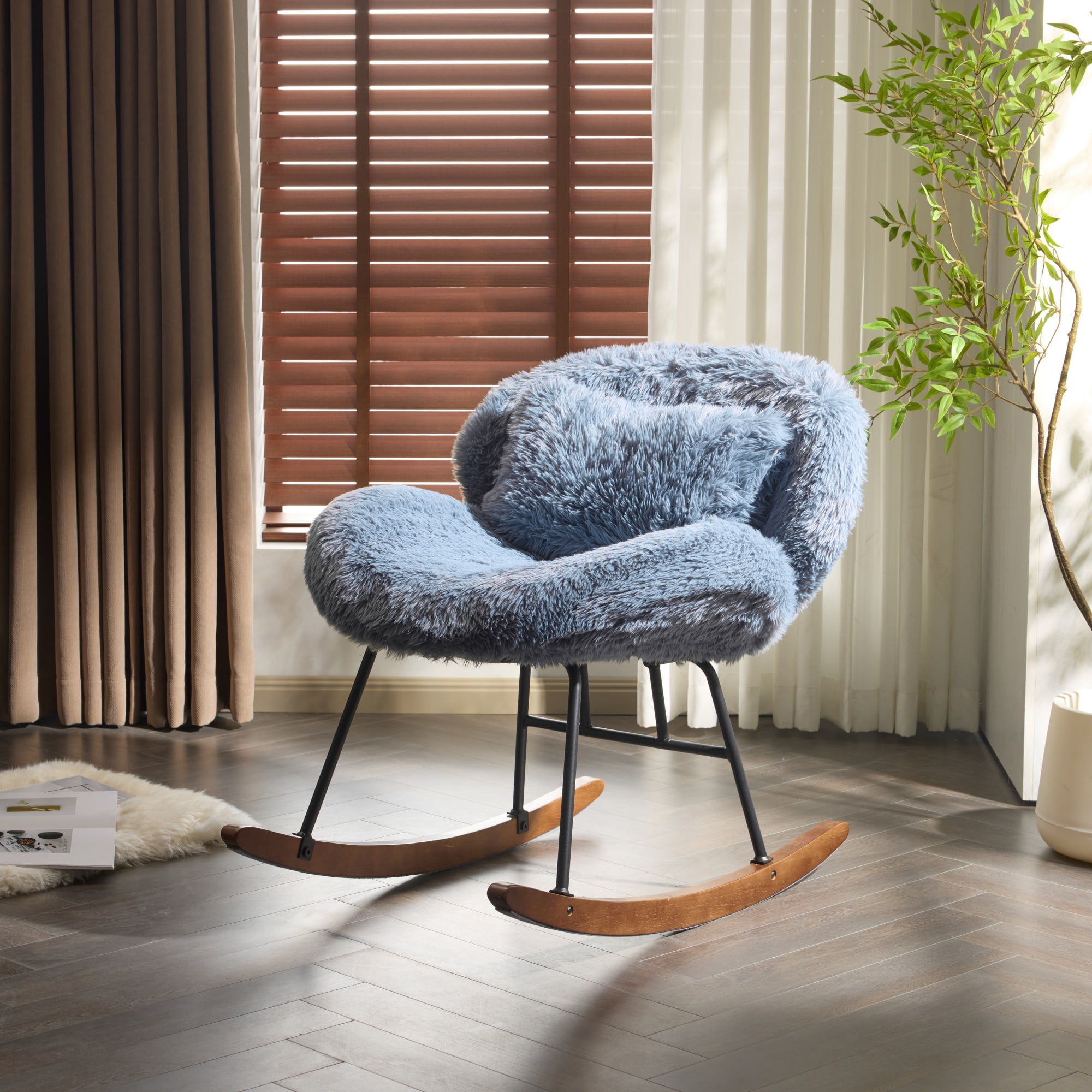Zimtown Nursery Rocking Chair, Long Pile Fabric Upholstered Rocker Glider, Rocking Accent Chair with Wooden Frame for Living Room Bedroom, Blue