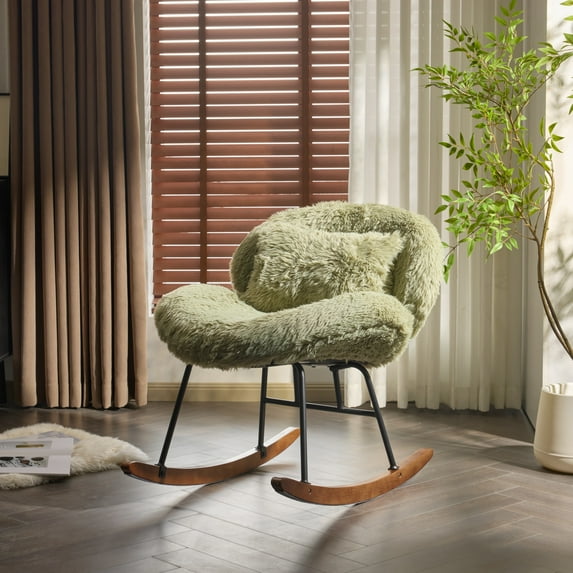 Zimtown Nursery Rocking Chair, Long Pile Fabric Upholstered Rocker Glider, Rocking Accent Chair with Wooden Frame for Living Room Bedroom, Green