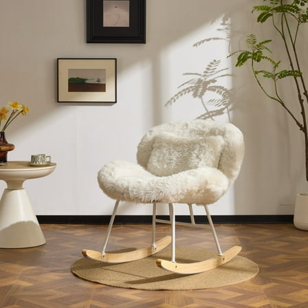 Zimtown Nursery Rocking Chair, Long Pile Fabric Upholstered Rocker Glider, Rocking Accent Chair with Wooden Frame for Living Room Bedroom, White