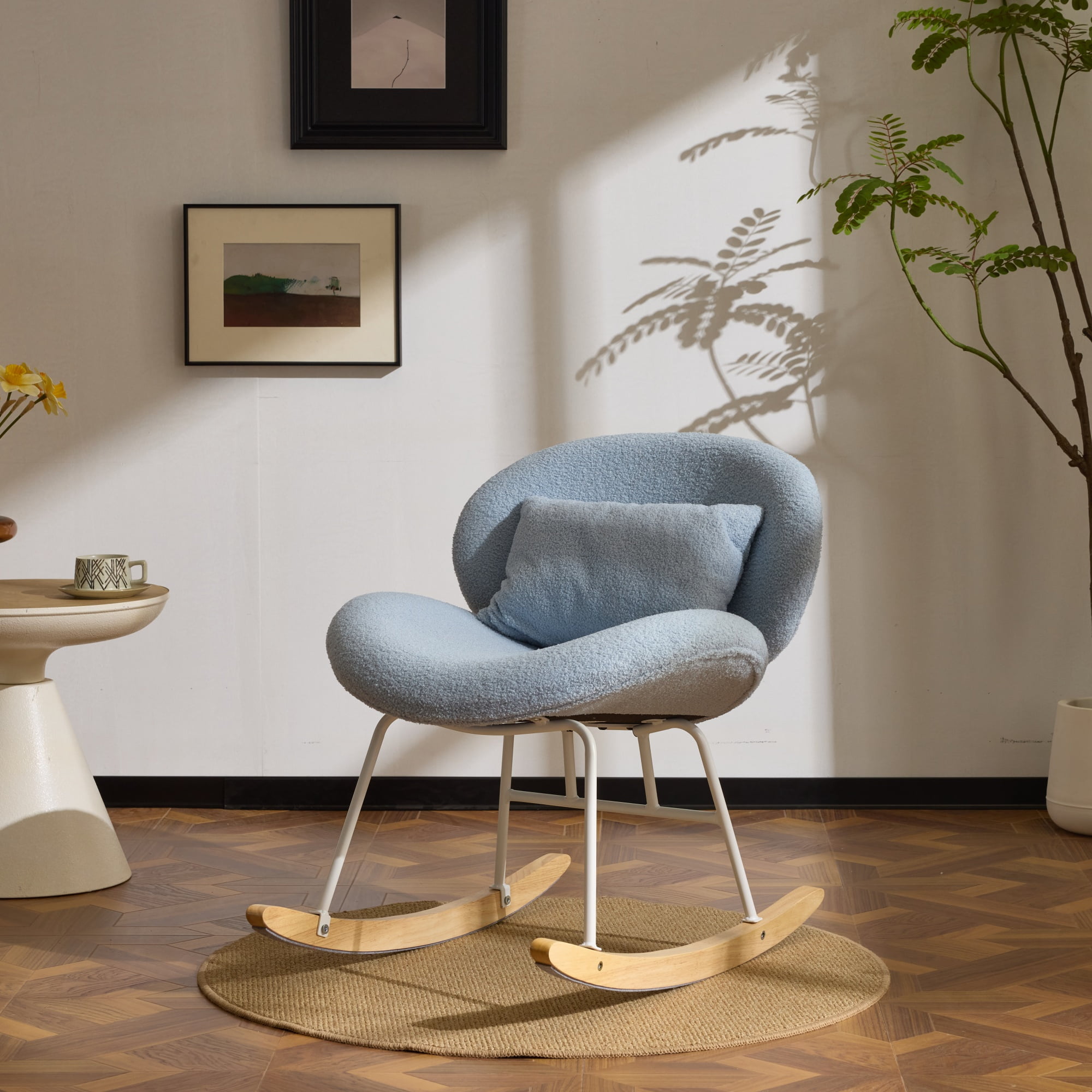 Zimtown Nursery Rocking Chair, Teddy Fleece Upholstered Rocker Glider, Rocking Accent Chair with Wooden Frame for Living Room Bedroom, Light Blue