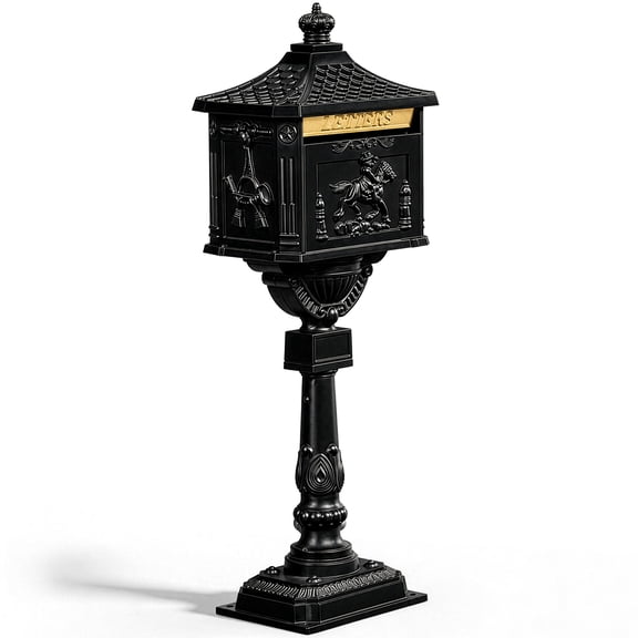 Zimtown Ornate Embossed Black Cast Aluminum Mailbox with Stand, Freestanding Post Mail Box Retro Carved Pattern Design for Home Lawn Driveway