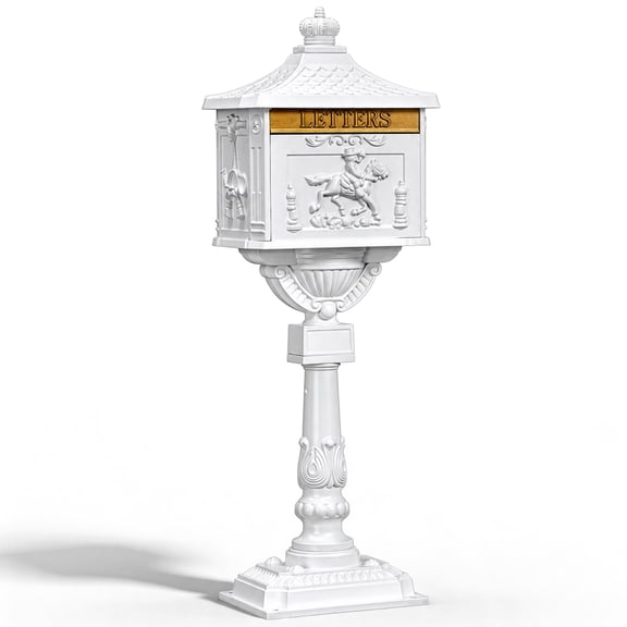 Zimtown Ornate Embossed White Cast Aluminum Mailbox with Stand, Freestanding Post Mail Box Retro Carved Pattern Design for Home Lawn Driveway