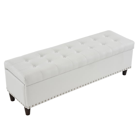Zimtown Ottoman Bench Stool 51.5" Upholstered PU Footrest with Storage for Living Room Bedroom Off White