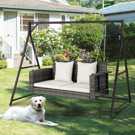 Zimtown Outdoor 4ft Wicker Hanging Porch Swing with Cushions & Chains, 800 lbs Rattan Swing Bench for Garden, Yard, Lawn (Grey+White)