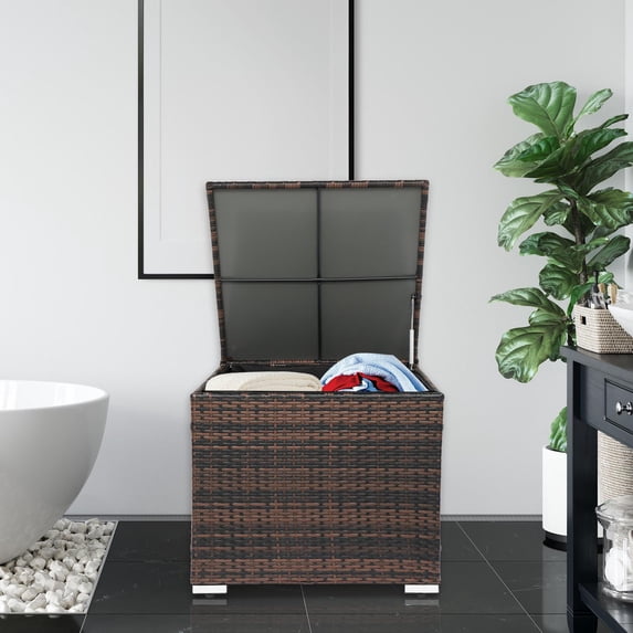 Zimtown 67 gal Outside Rattan Container Square Storage Box w/ Lid, Wicker Side Table, Indoor Wicker Box 28 in, Brown